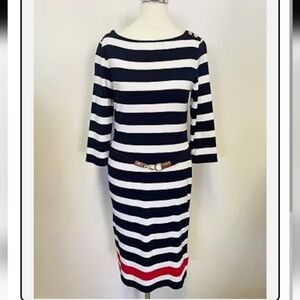 RALPH LAUREN NAVY, WHITE & RED STRIPE 3/4 SLEEVE COTTON PENCIL DRESS